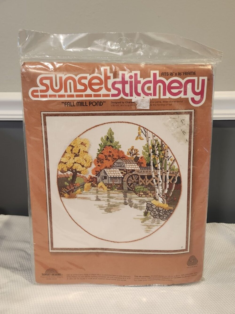 Vintage 1978~Sunset Stitchery Designs~Fall Mill Pond~#2473~Crewel Embroidery Kit